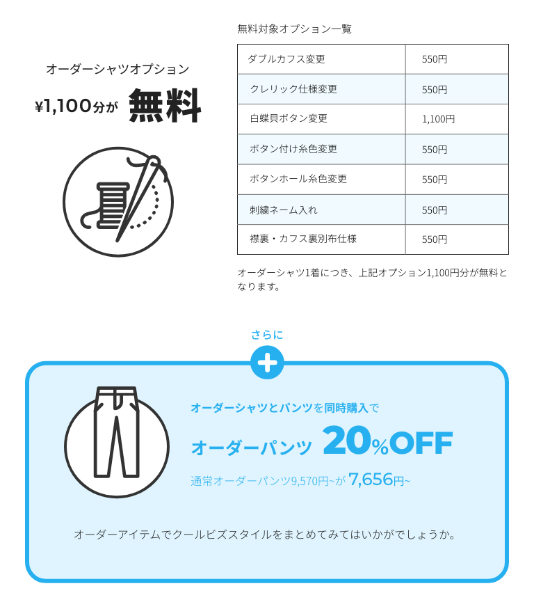 オーダーシャツオプション 1,100円分無料+オーダーシャツ購入でオーダーパンツ20%OFF(1着7,656円~)